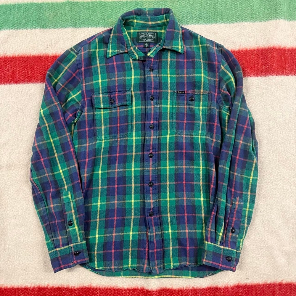 Polo Country Ralph Lauren Chin Strap Flannel Shirt Green Plaid Mens Medium